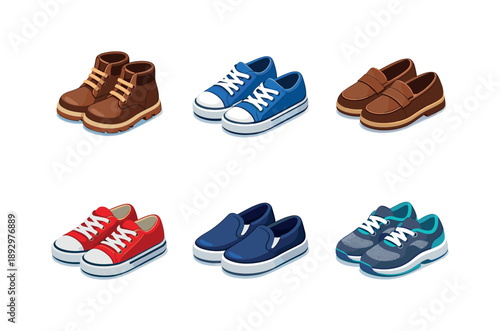Casual Footwear Icons. Casual. Isometric flat vector icons set of casual: casual boots, everyday sneakers, loafers, canvas sneakers, slip-on shoes, lightweight