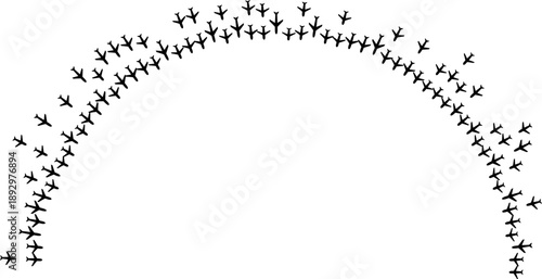 Airplane icons forming outward oriented semicircular rays around a large center space.