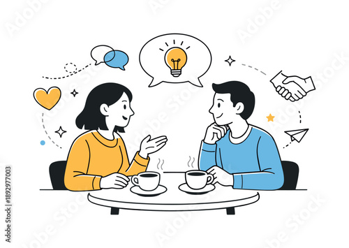 Gentle Coffee Chat. Friendly conversation moment. Two characters exchanging ideas at a table with coffee and soft smiles, gentle icons of connection nearby.