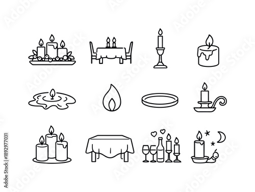 Table Candle Outline Icons. Table Candle Decor. Line icon set of Table Candle Decor: candle centerpiece, dining table, tall candle stick, short candle, wax