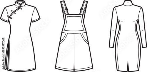 Set of women's dresses with different styles fashion flat sketch illustration