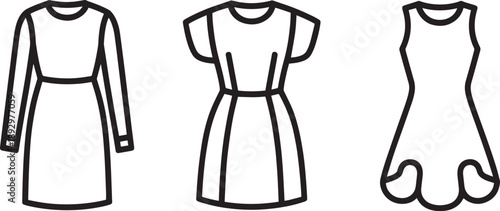 Simple dress outlines with long sleeves, short sleeves and flared skirt