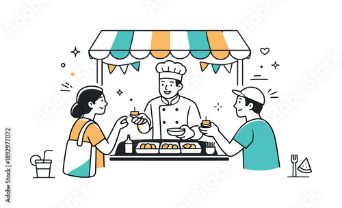 Culinary Festival Delight. Food festivals and culinary events. A chef serving samples from a simple booth while visitors reach out with interest. The