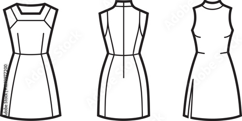 Vector illustrations of sleeveless cocktail dresses with various necklines and slit skirts