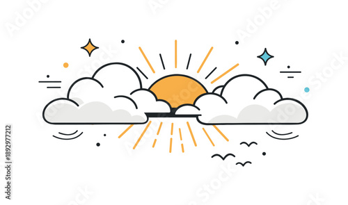Sunlit Cloudscape. Sunshine and clouds editorial illustration. Clean sky scene where clouds open slightly to let sunlight pass through, creating a warm and