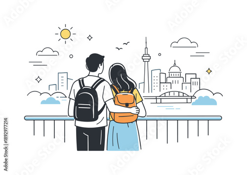 City Skyline Admiration. Travelers sightseeing city. A couple standing on a viewpoint or bridge, quietly admiring the city skyline. Peaceful travel mood, slow