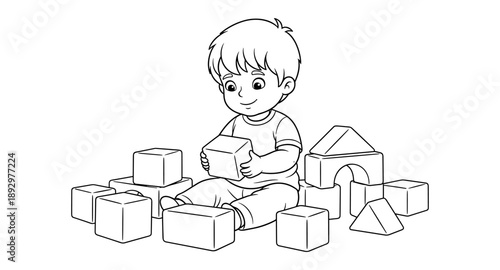 Cute cartoon boy playing with building blocks, learning and developing motor skills