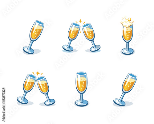 Champagne Celebration Icons. Champagne Toast. Isometric flat vector icons set of Champagne Toast: flute raised for toast, clinking champagne glasses concept,