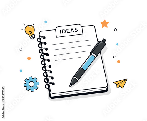 Minimalist Idea Notebook. Paper notebook for ideas. A minimal notebook with a pen placed diagonally on top, simple and tidy composition. Creative thinking,