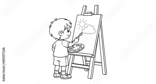Young boy happily painting a sunny sky on an easel with a brush and palette