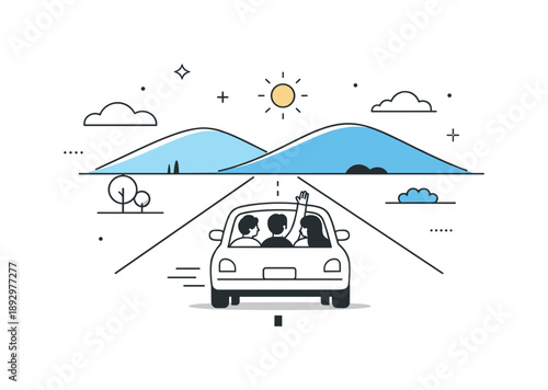Journey with Friends. Journey together. A simple car scene with friends driving toward distant hills. Sense of direction, optimism, and shared path forward.