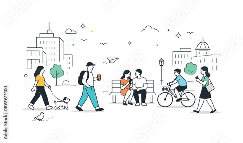 Urban Ease. City life atmosphere. Urban environment with people moving at an easy pace, buildings framing the scene and lots of open space. Editorial-style