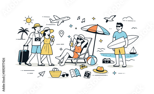 Carefree Summer Joy. Summer vacation. A relaxed scene of people enjoying summer time with light clothing, sun, and simple travel elements around. The mood