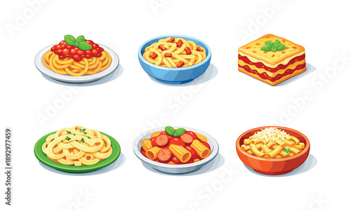 Italian Pasta Icons. Italian pasta. Isometric flat vector icons set of Italian pasta: spaghetti bolognese, carbonara bowl, lasagna square portion, fettuccine
