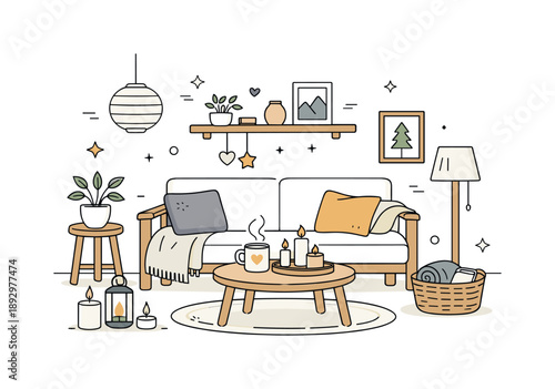 Scandinavian Cozy Interior. Hygge-inspired interior. A clean setting with soft throws, candles, and wooden textures, cozy mood and functional decor conveying