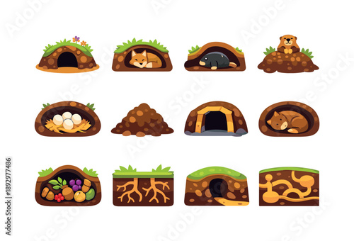 Animal Burrow Icons. Animal Burrow. Colorful flat vector icons set of Animal Burrow: rabbit hole, fox den, mole tunnel, groundhog burrow, underground nest,