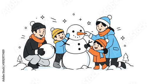 Snowman Family Fun. Building a snowman family activity. Parents and children stacking snowballs and smiling. Warm family bonding in a snowy setting. Minimalist