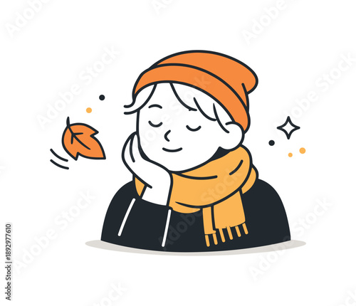 Cozy Autumn Icon. Autumn character icon. A cozy character with scarf or falling leaf accent. Calm, thoughtful mood, seasonal transition feeling. Minimalist