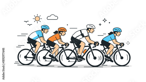 Cycling Team Unity. Bike riding group. Small group of cyclists riding together at a steady pace. Sense of movement, teamwork, and shared outdoor activity.