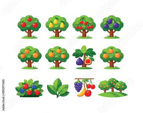 Colorful Fruit Tree Icons. Fruit Trees. Colorful flat vector icons set of Fruit Trees: apple tree, pear tree, cherry tree, plum tree, peach tree, citrus tree,