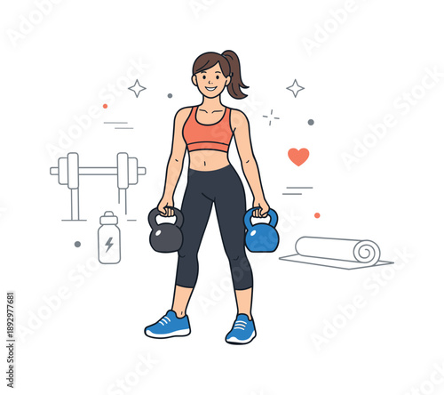 Empowered Strength Training. A woman doing strength training with kettlebells ? strong and balanced. Woman standing confidently with kettlebells