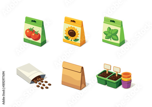 Garden Seed Icons. Garden Seeds. Isometric flat vector icons set of Garden Seeds: tomato seed packet, sunflower seed packet, basil seed envelope, spilled seeds