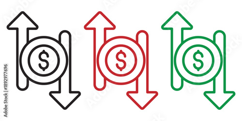 Money Exchange Icon Set, Dollar Currency Transfer Symbol, Financial Up Down Arrows Illustration, Banking Rate Change Investment Vector Design for Web and Mobile App