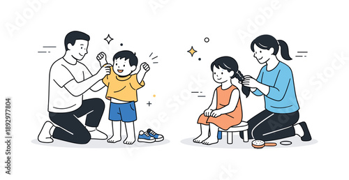 Coordinated Family Morning. Parents dressing kids together. Two parents helping children at the same time, shared responsibility and calm coordination. Family