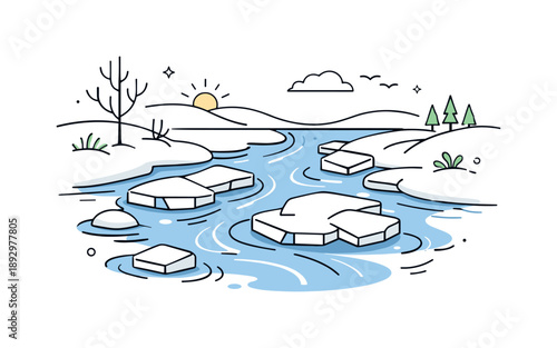 Thawing River Renewal. Frozen river thaw. A calm river scene where ice slowly breaks into flowing water, with gentle motion lines showing movement. Quiet
