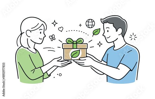 Eco-Friendly Gift Exchange. Green gifting concept. A person handing over an eco-friendly gift box with a leaf symbol, expressing care and sustainability.