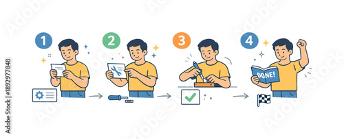 Step-by-Step Guidance. Reading instructions ? step-by-step guidance. Person following simple step cards or a manual, moving through instructions with