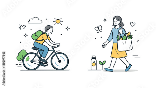 Eco-Friendly Transportation. Green lifestyle transportation. Person riding a bicycle or walking with reusable bag. Sustainable mobility and everyday eco