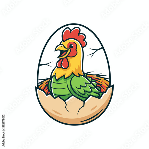 Cartoon chicken hatching from a cracked eggshell with straw inside.