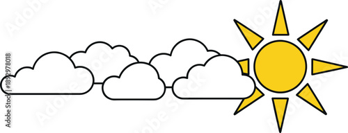 Vector illustration of bright yellow sun with extended rays partially covered by white clouds representing partly sunny weather