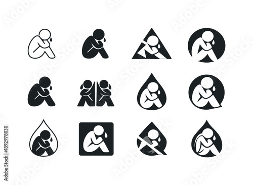 Tears Icon Set. Crying alone in darkness. Icon set. Set Logo of crying alone in darkness: lone tear drop. harmonious logo variations of the same emblematic