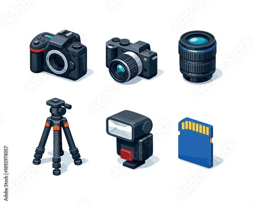 Photography Icons Grid. Photography. Isometric flat vector icons set of photography: DSLR camera body, mirrorless camera, camera lens, tripod stand, camera