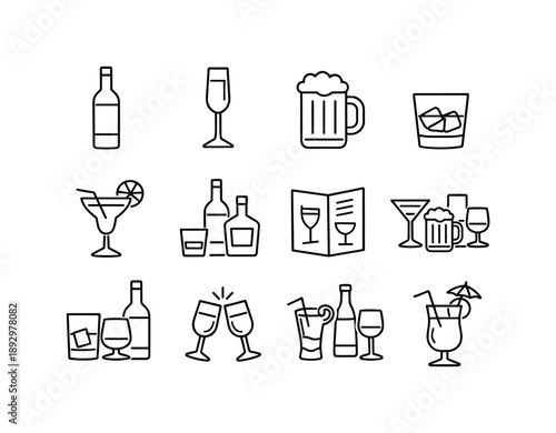 Alcohol Icon Set. Alcohol beverages. Line icon set of Alcohol beverages: wine bottle, champagne flute, craft beer, liquor glass, mixed drink, alcohol