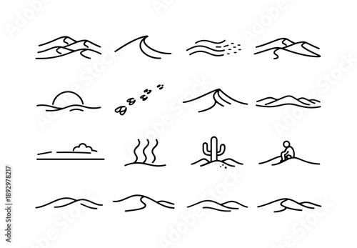 Desert Dune Icons. Desert dunes. Line icon set of Desert dunes: layered dune hills, crescent dune, wind-blown sand, dune shadows, sun arc, camel tracks, sand