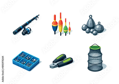 Fishing Gear Icons. Float Fishing. Isometric flat vector icons set of Float Fishing: telescopic fishing rod, float bobber set, lead sinker weights, hook