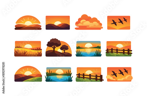 Sunset Valley Icons. Sunset Valley. Colorful flat vector icons set of Sunset Valley: glowing horizon, orange sky, sun dipping behind hills, long shadows,