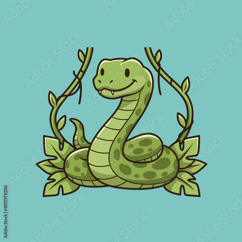 Cute Green Cartoon Snake Illustration Surrounded by Leaves and Vines.