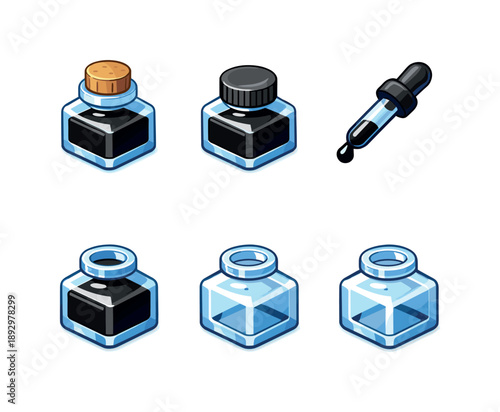Colorful Ink Bottles. Ink bottle glass. Isometric flat vector icons set of ink bottle glass: glass ink bottle, cork stopper lid, screw cap lid, ink dropper