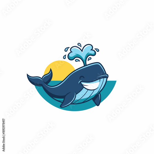 Happy cartoon whale spouting water with a smile.