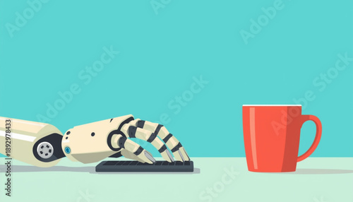 A robotic arm reaches for a red coffee mug on a table with a teal background robot and profession