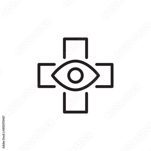Minimalist line icon featuring an eye inside a medical cross. Professional vector for occupational health, emergency eye wash stations, optometry, and workplace safety monitoring.