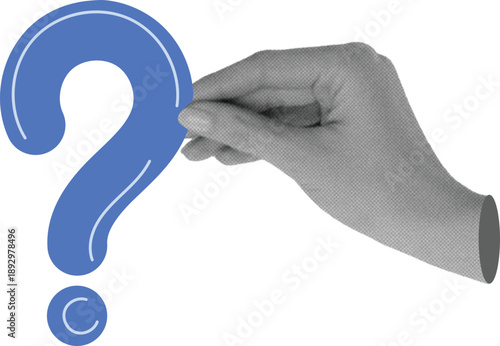 hands hold question mark. Trendy Halftone Collage Problem solving concept. Contemporary vector art