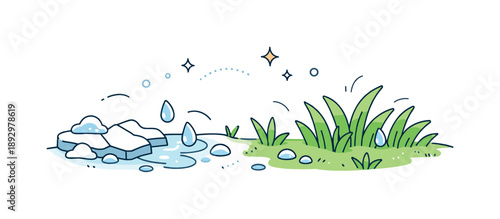 Spring Awakening. Frozen ground to grass illustration. Frost melting into water droplets as soft grass begins to spread across the surface. The scene feels