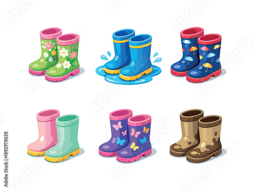 Colorful Rain Boots. Seasonal rain boot vectors. Isometric flat vector icons set of Seasonal rain boot vectors: spring flower rain boots, puddle splash boots,