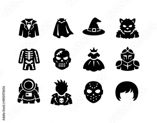 Halloween Costume Icons. Halloween Pop Costumes. Solid icon set of Halloween Pop Costumes: vampire suit, superhero cape, witch hat, werewolf costume, skeleton
