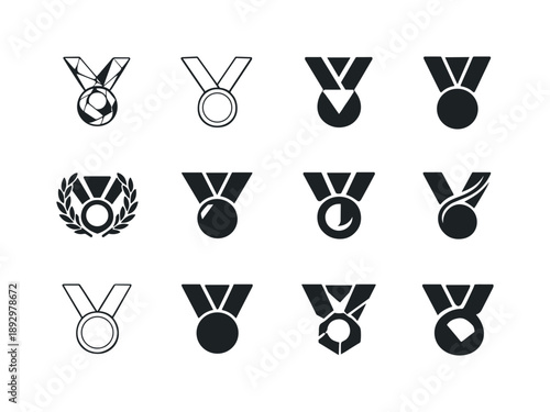 Winning Medals Icon Set. winning. Icon set. Set Logo of winning: medal with ribbon. harmonious logo variations of the same emblematic concept, each with
